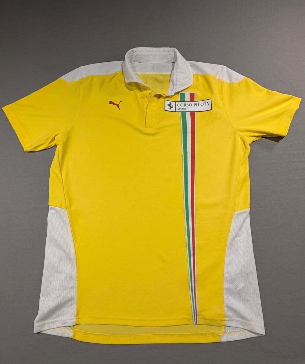 Puma Ferrari Corso Pilota Sport Polo Shirt Yellow White Italy Stripe Rare Racin